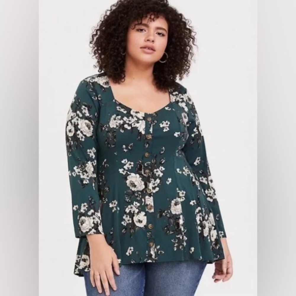 Torrid Green Teal Floral Buttoned Blouse